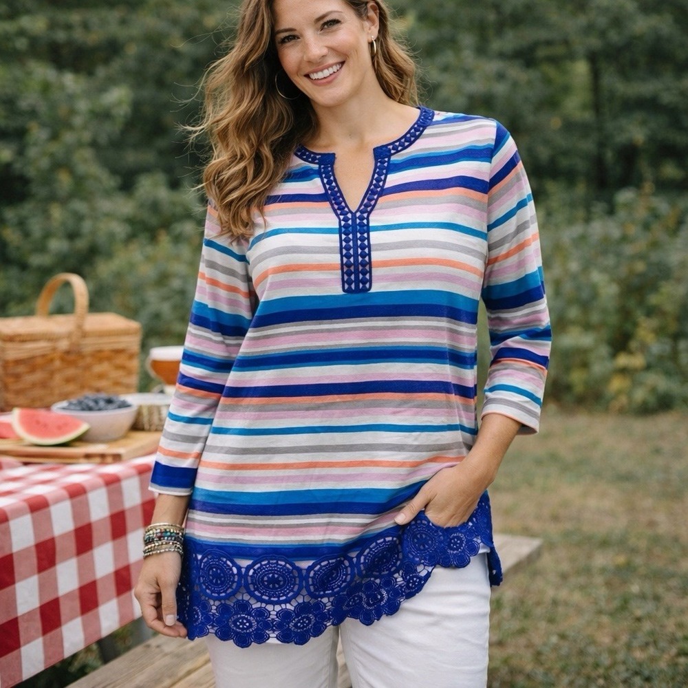 Lands' End Striped Tunic Top Crochet Trim Small Mazarine Blue Coastal Cruise